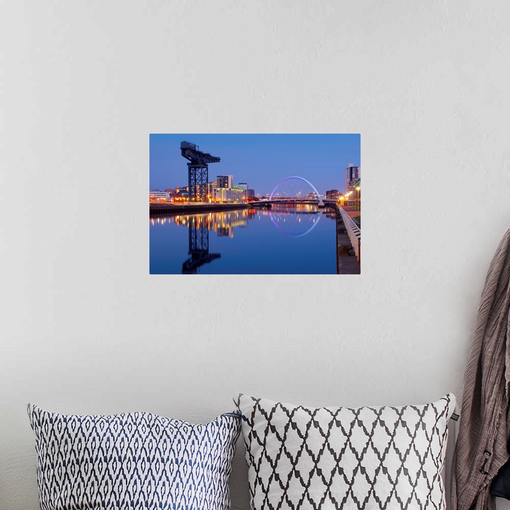 A bohemian room featuring UK, Scotland, Glasgow, River Clyde, Finnieston Crane and the Clyde Arc, nicknamed the Squinty Bridge