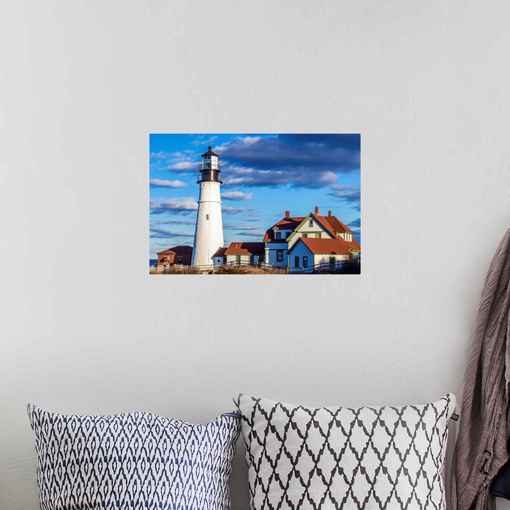 A bohemian room featuring USA, Maine, Cape Elizabeth, Portland Head Light lighthouse.
