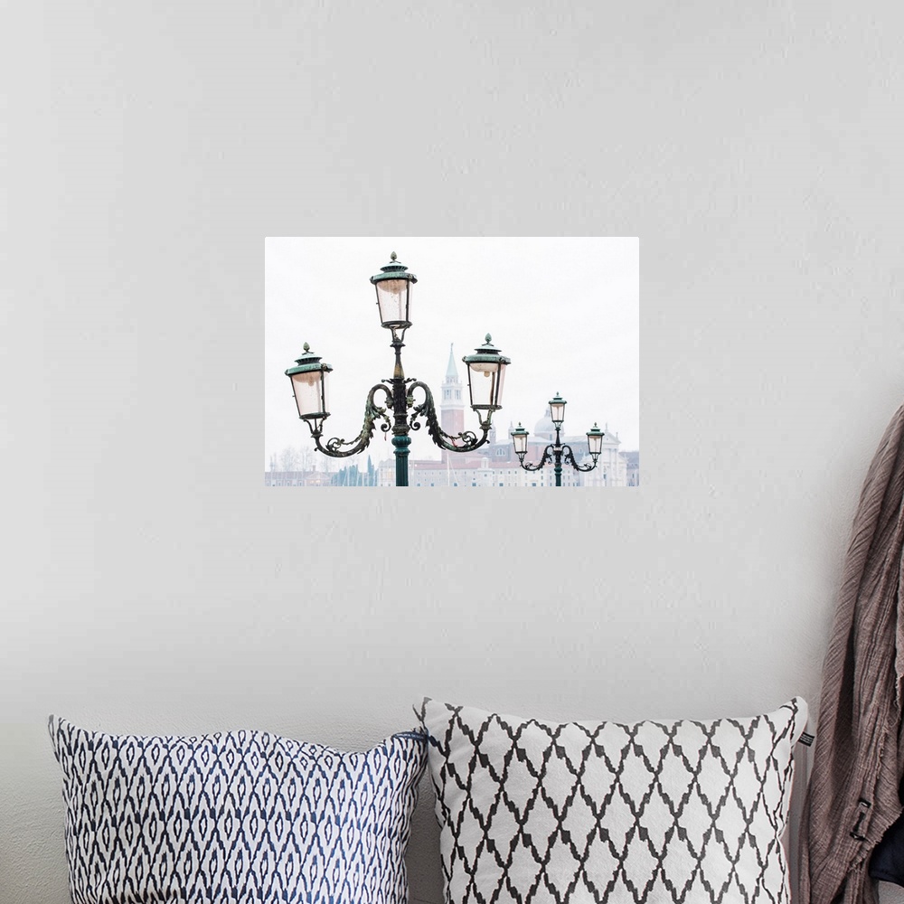A bohemian room featuring Venice, Veneto, Italy. Typical Street Lamps And San Giorgio Maggiore In A Misty Morning.