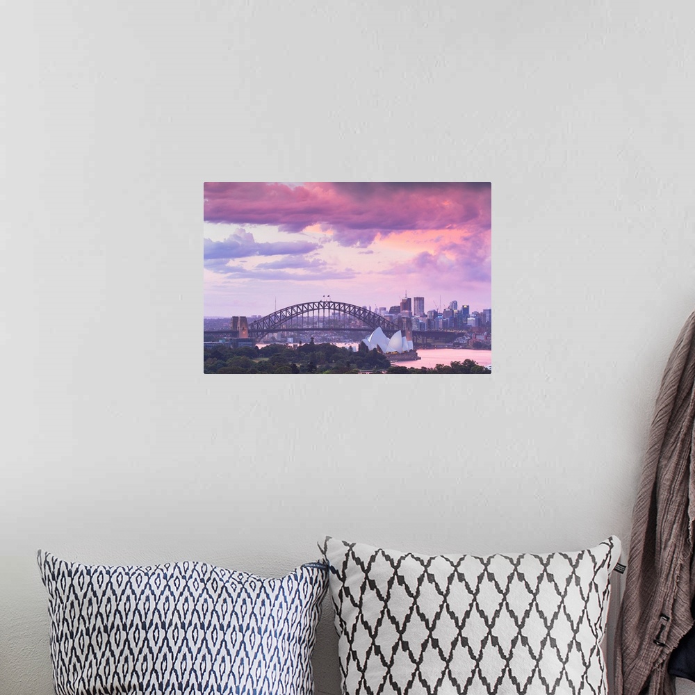 A bohemian room featuring View Of Sydney Harbour Bridge And Sydney Opera House At Sunset, Sydney, New South Wales, Australia
