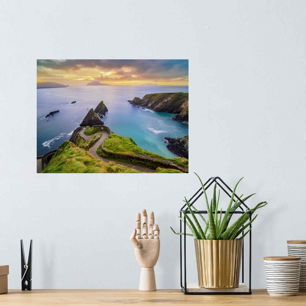 A bohemian room featuring View over Dunquin Pier towards Blasket Islands at dusk, Dingle Peninsula, County Kerry, Ireland