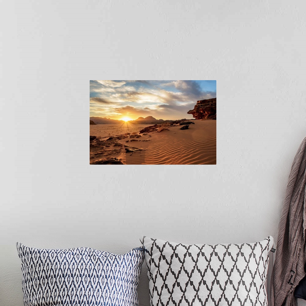 A bohemian room featuring Wadi Rum At Sunset, Aqaba Governorate, Jordan.