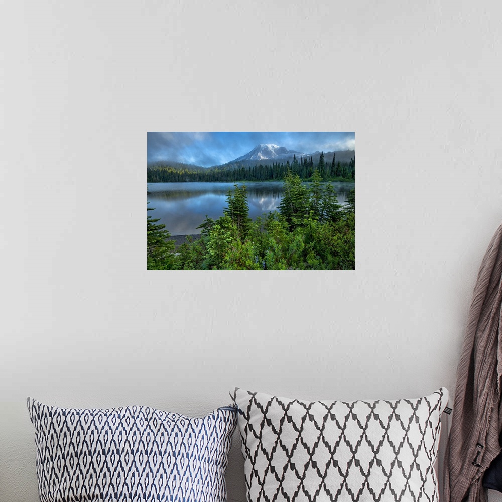 A bohemian room featuring USA; Pacific Northwest; Washington State, Mount Rainier National Park, Reflection lake with peak