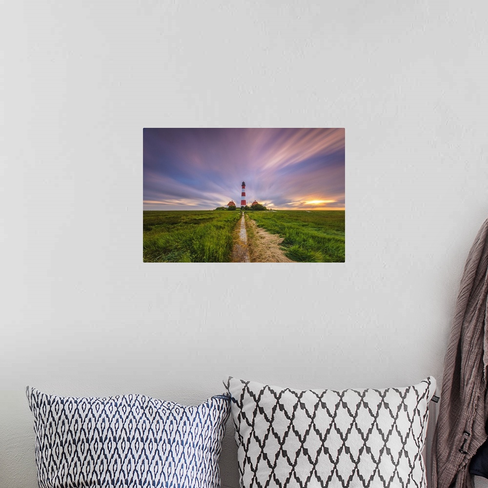 A bohemian room featuring Westerhever lighthouse, Eiderstedt, North Frisia, Schleswig-Holstein, Germany.
