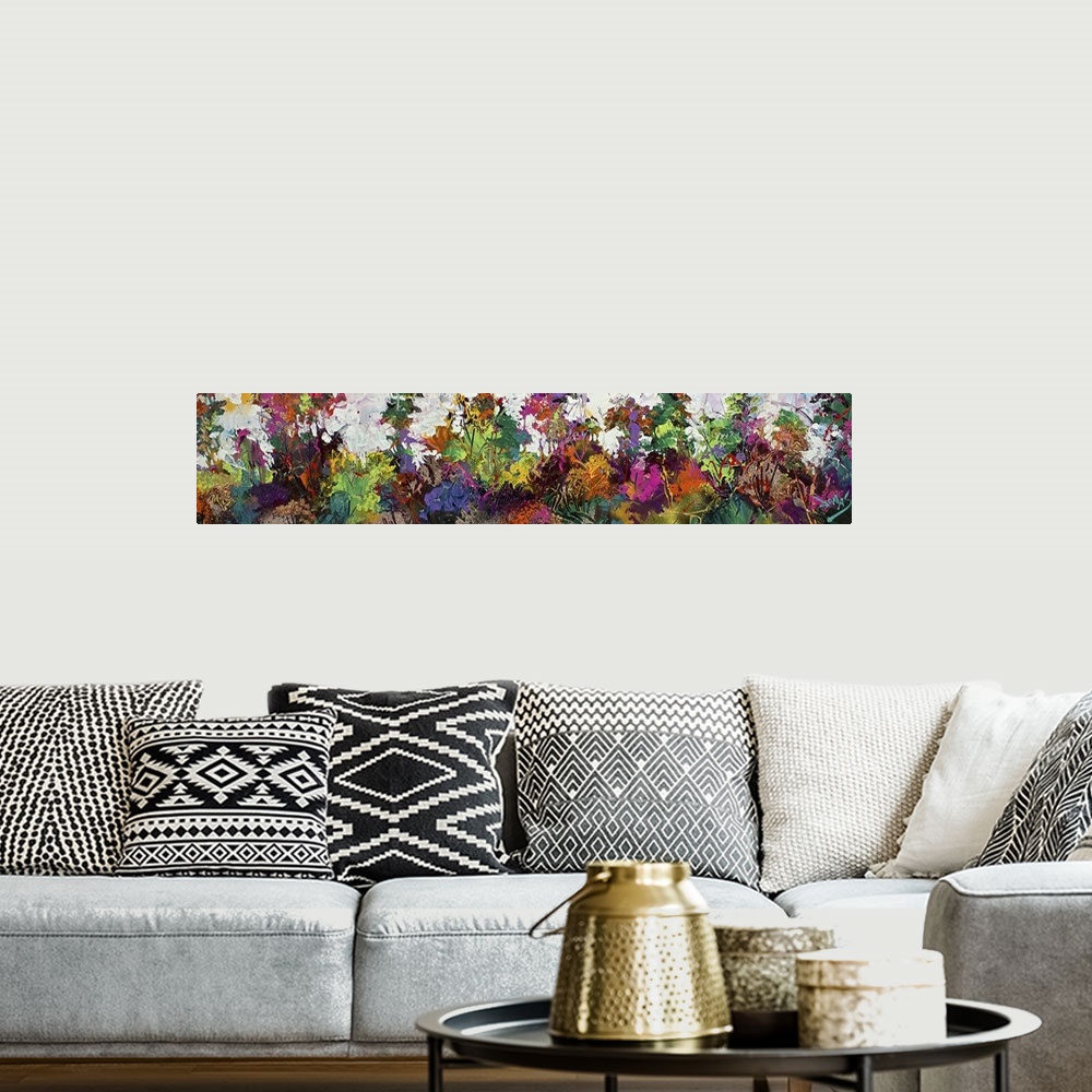 A bohemian room featuring A contemporary abstract painting using a wide spectrum of bright colors.