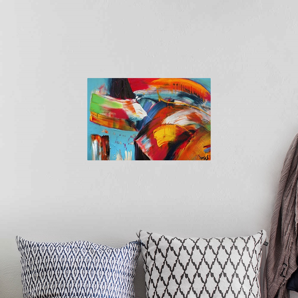 A bohemian room featuring Abstract artwork that uses various colors and painting techniques with large brushstrokes applied...