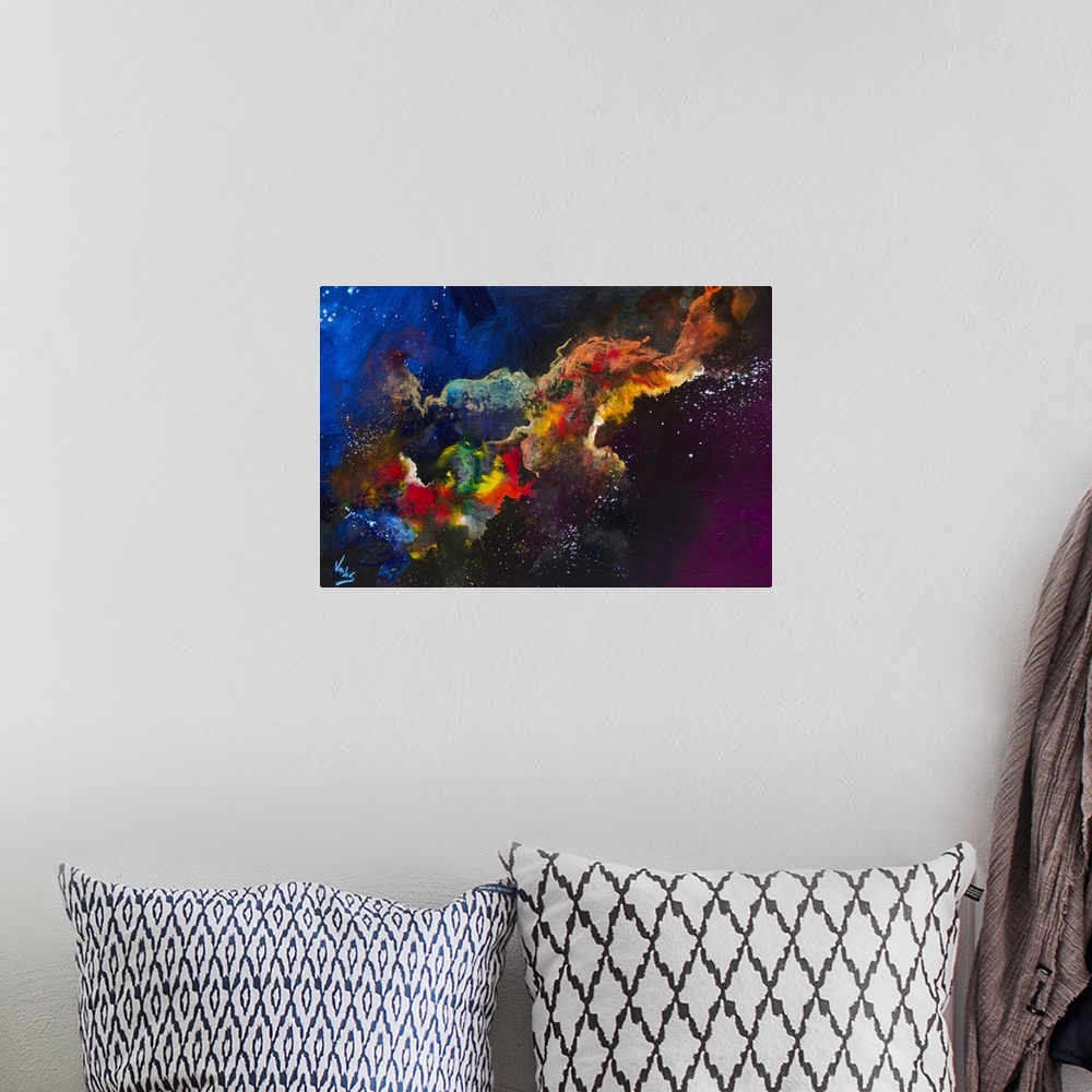 A bohemian room featuring Contemporary abstract painting using wild and vivid colors resembling a nebulae.