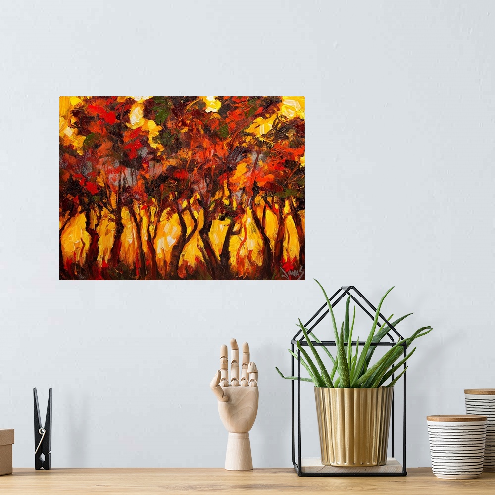 A bohemian room featuring Contemporary artwork for the home or office of trees that have various colors painted for leaves ...
