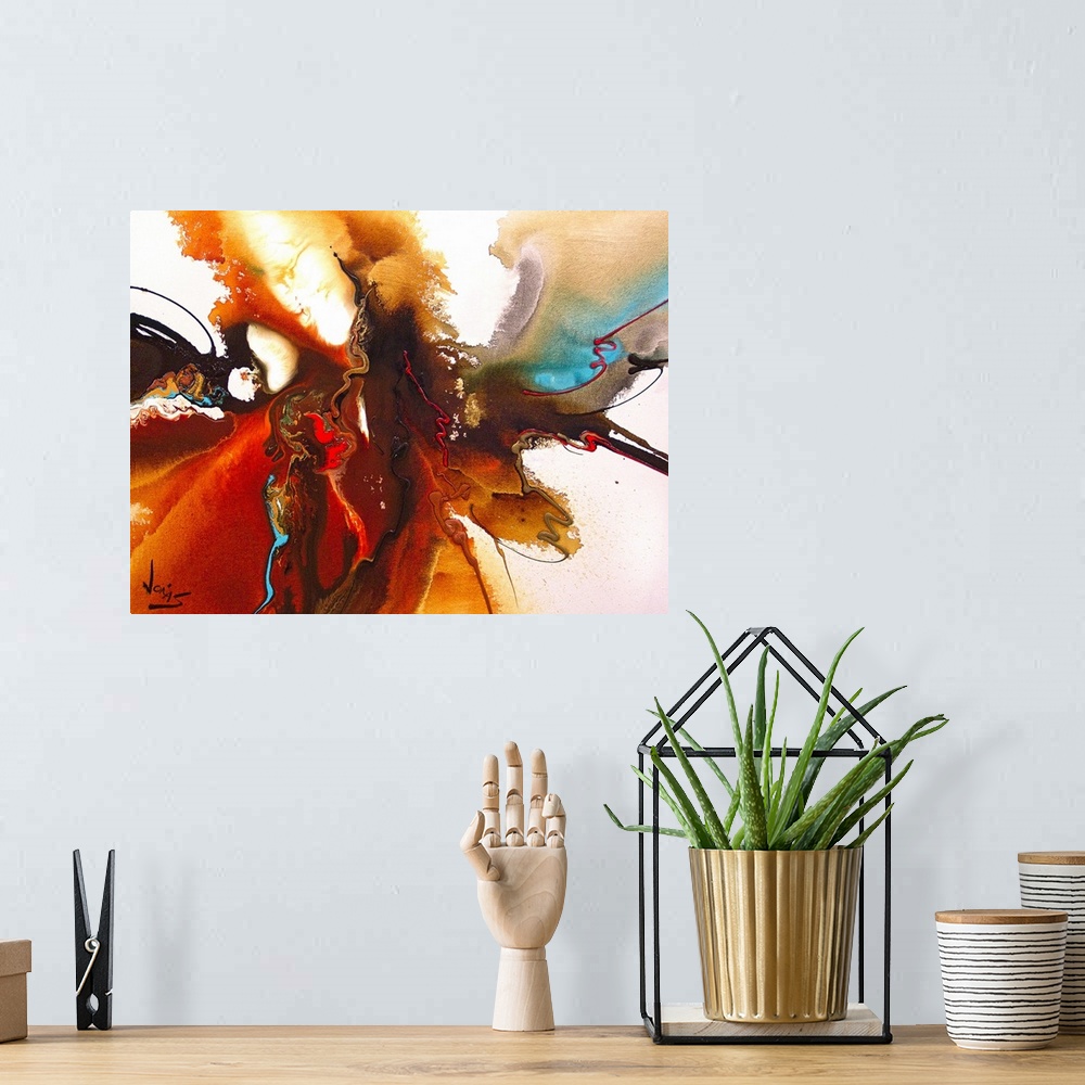 A bohemian room featuring Contemporary abstract painting using warm earthy tones with splashes of cool tones converging tow...