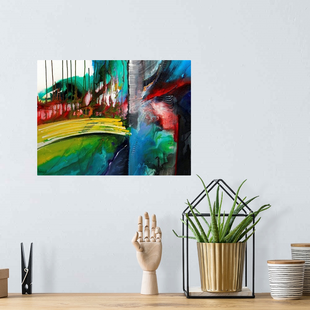 A bohemian room featuring Contemporary abstract painting of a bunch of different colored shapes and lines on canvas.