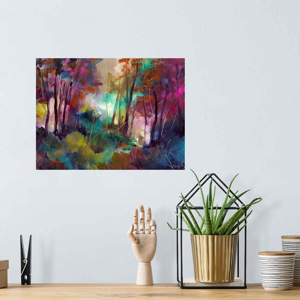 A bohemian room featuring Abstract painting of a forest on canvas with various bright colors.