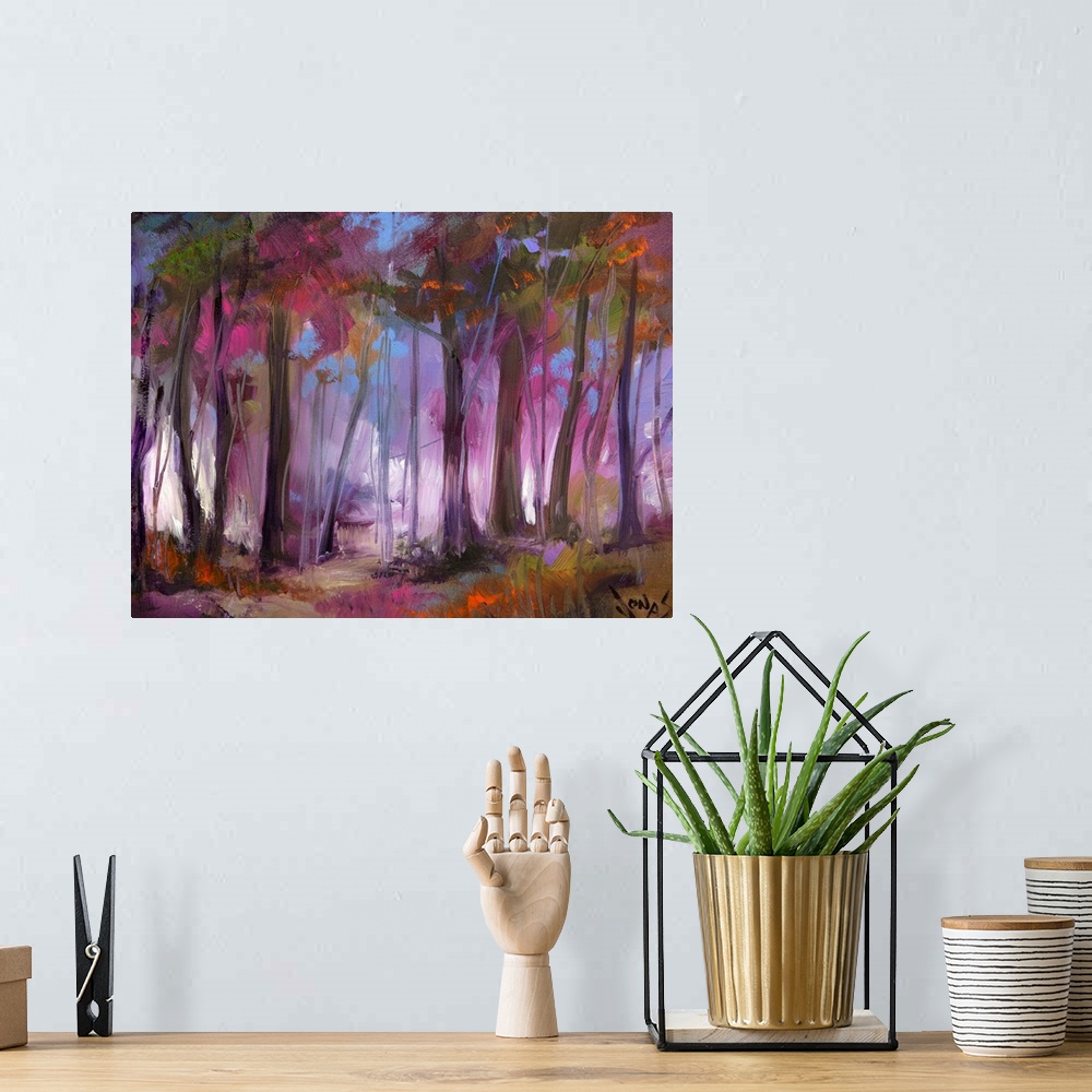 A bohemian room featuring A contemporary painting of a dark forest that has a purple hue over it.