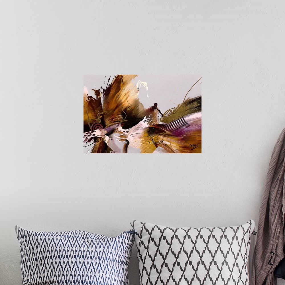 A bohemian room featuring Contemporary abstract painting using earthy tones converging toward the center of the image in a ...