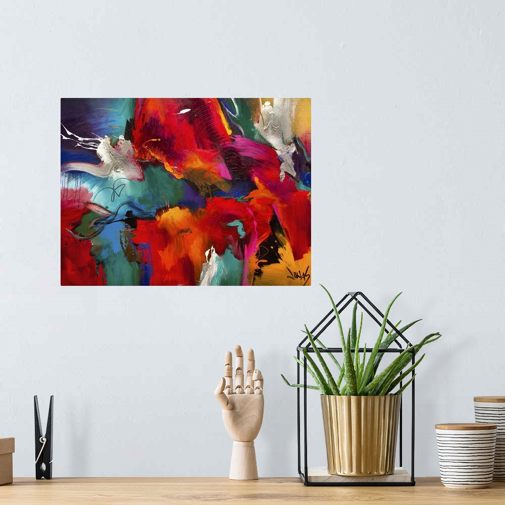 A bohemian room featuring Contemporary abstract painting using wild and vivid colors to create movement and depth.