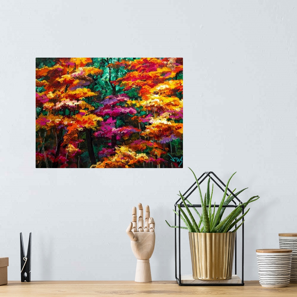 A bohemian room featuring This is a vividly colorful and almost otherworldly painting by a contemporary artist that uses un...