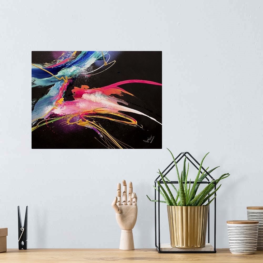 A bohemian room featuring A contemporary abstract painting of wild neon colors moving fast and aggressive motions against a...