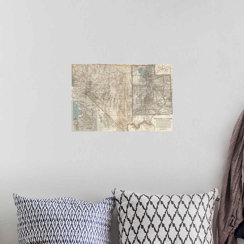 A bohemian room featuring Nevada and Utah - Vintage Map