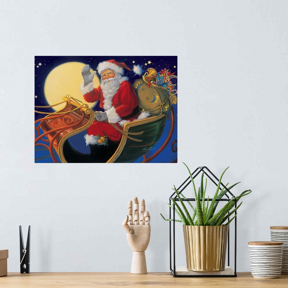 A bohemian room featuring Painting of Santa Claus waving from his sleigh at night.