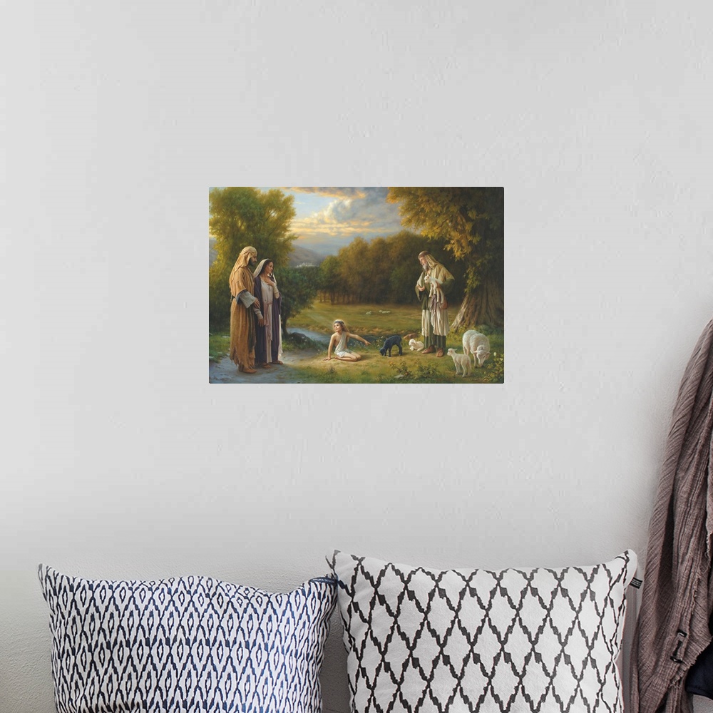 A bohemian room featuring Beautiful landscape with Christ and his family picking out a sheep.