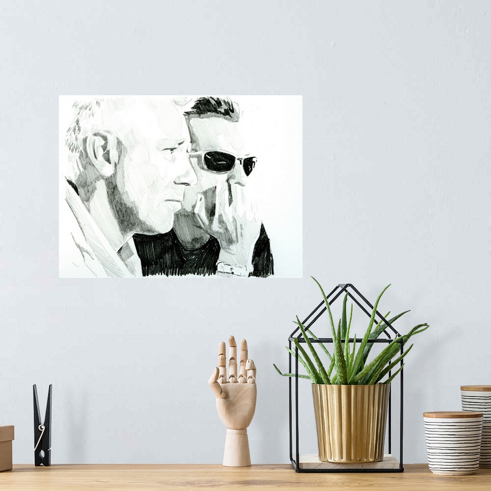 A bohemian room featuring Adam Clayton and Larry Mullen in a high-contrast drawing.