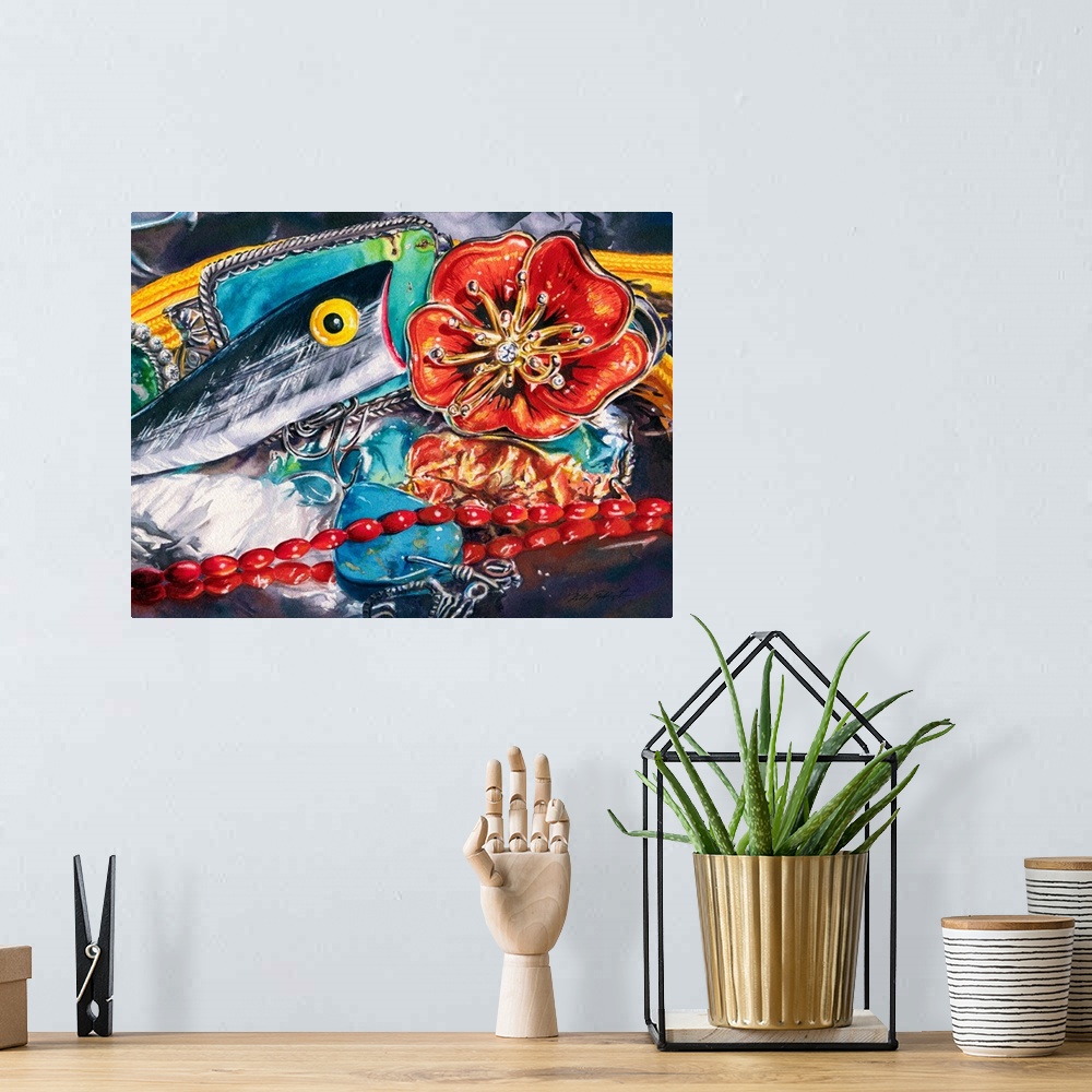 A bohemian room featuring Watercolor painting of a fishing lure sits on aluminum foil and interacts with a poppy pin, coral...