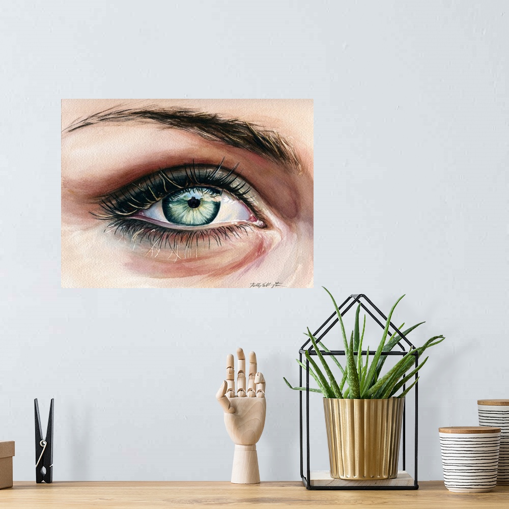 A bohemian room featuring Horizontal watercolor of a close up detail of an eye.