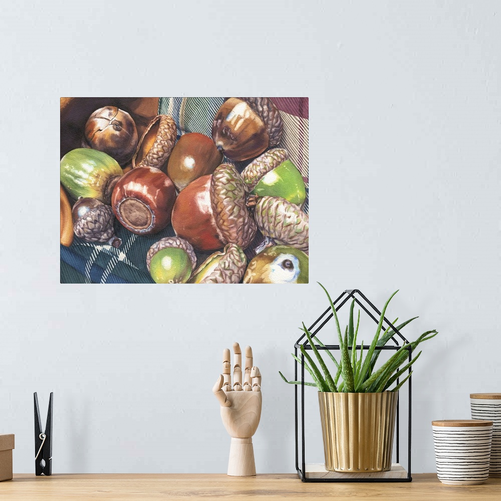 A bohemian room featuring A watercolor painting of a pocketful of acorns found in the yard.