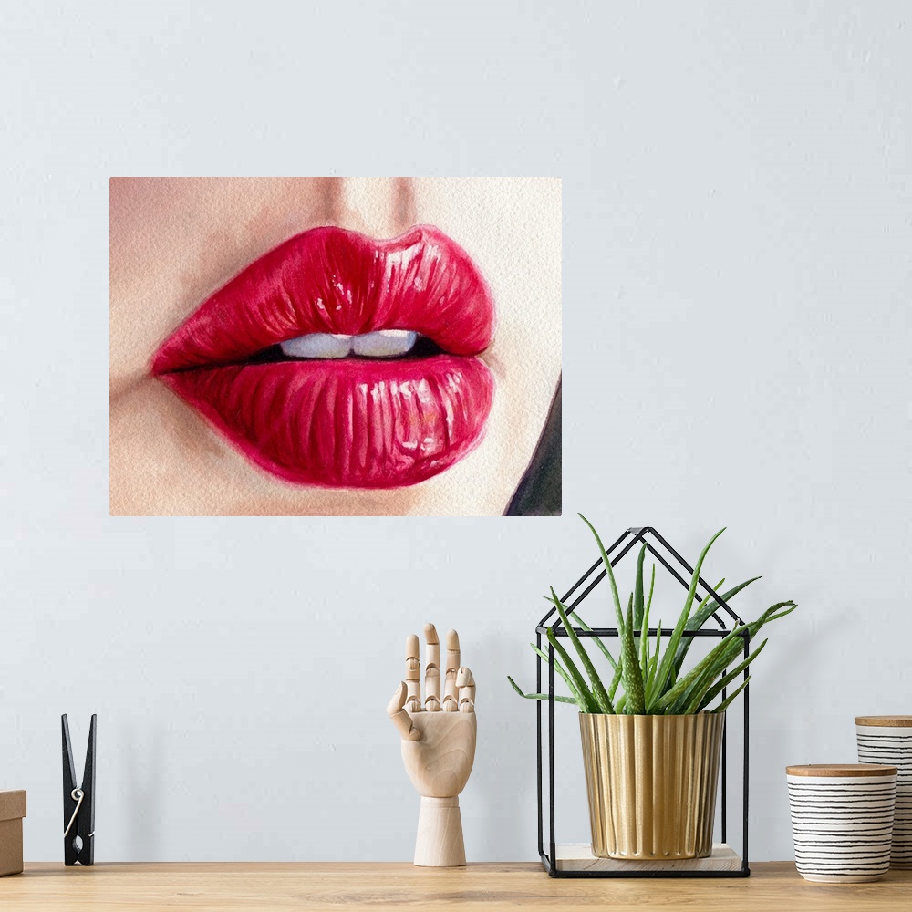 A bohemian room featuring Watercolor painting of close up of a woman's mouth with red lipstick.