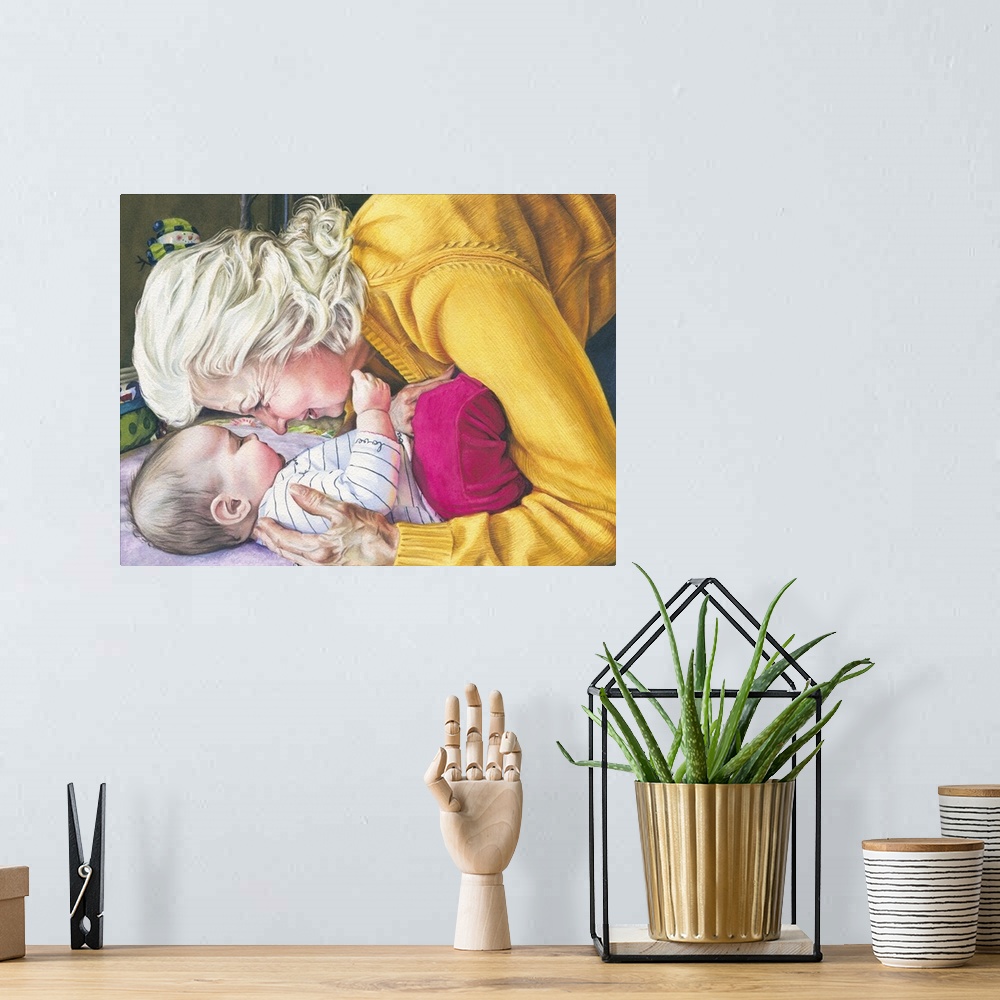 A bohemian room featuring A watercolor portrait of a grandmother admiring her granddaughter in a touching moment.