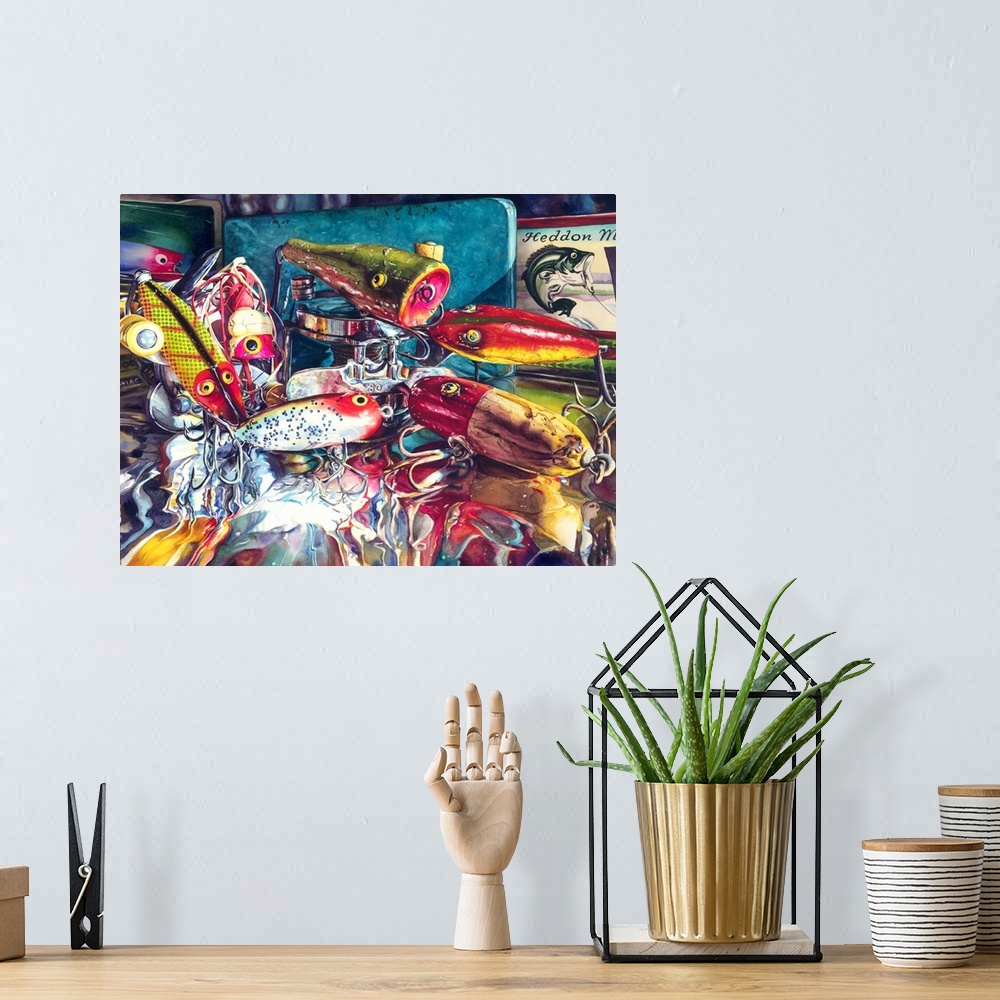 A bohemian room featuring Watercolor painting of a collection of antique fishing lures. I placed them on a piece of aluminu...