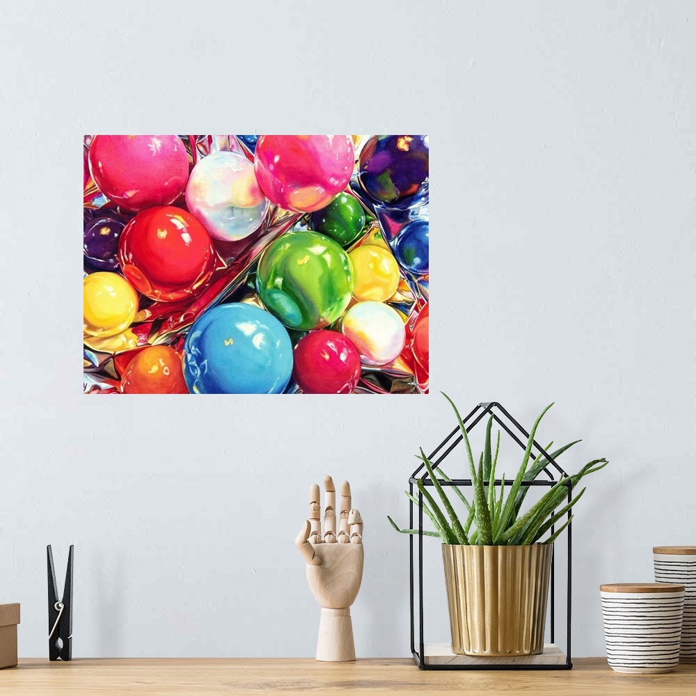 A bohemian room featuring Watercolor painting of colored gum balls on a crumpled sheet of foil.