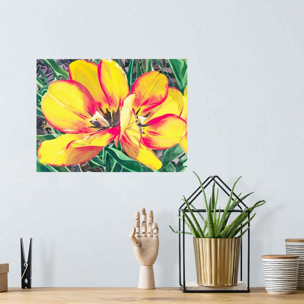 A bohemian room featuring A contemporary watercolor painting of yellow and red tulip.