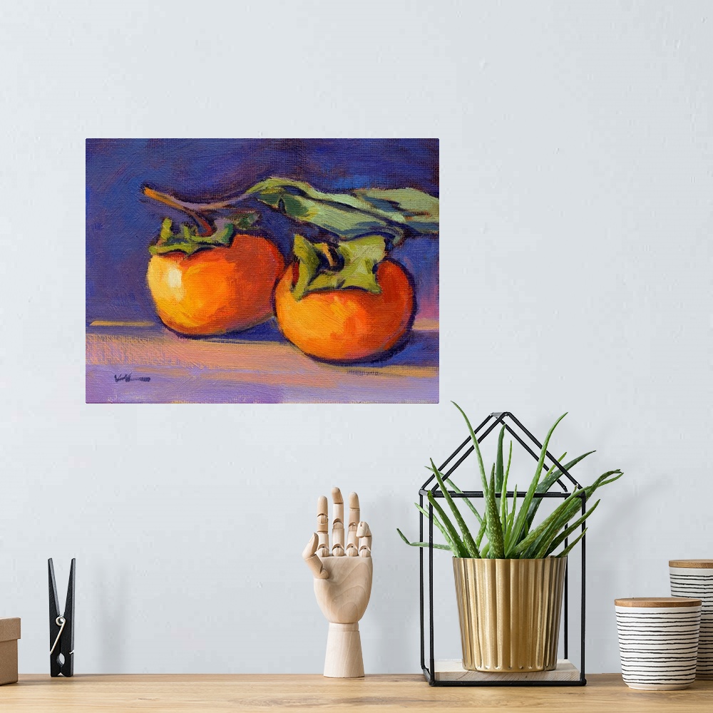 A bohemian room featuring Contemporary still life painting of two tomatoes still attached to the vine on a background made ...