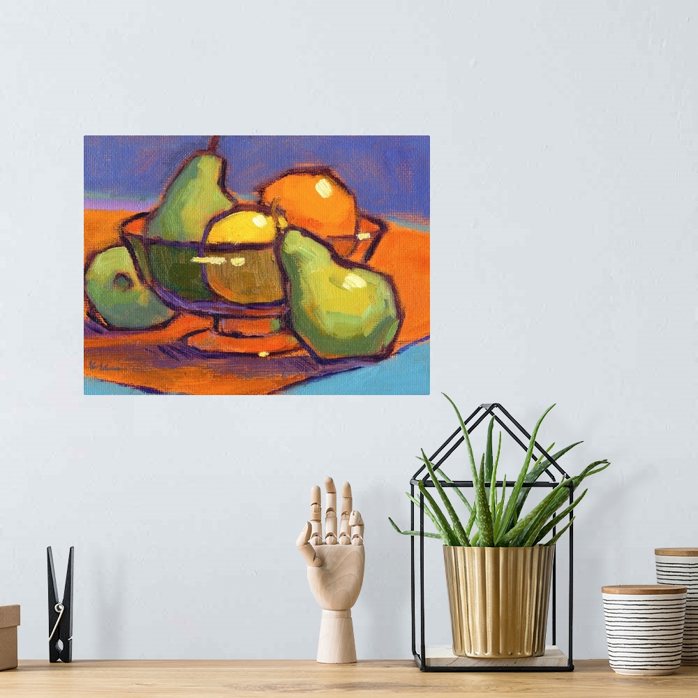 A bohemian room featuring A contemporary abstract painting of a bowl of fruit in vibrant colors.