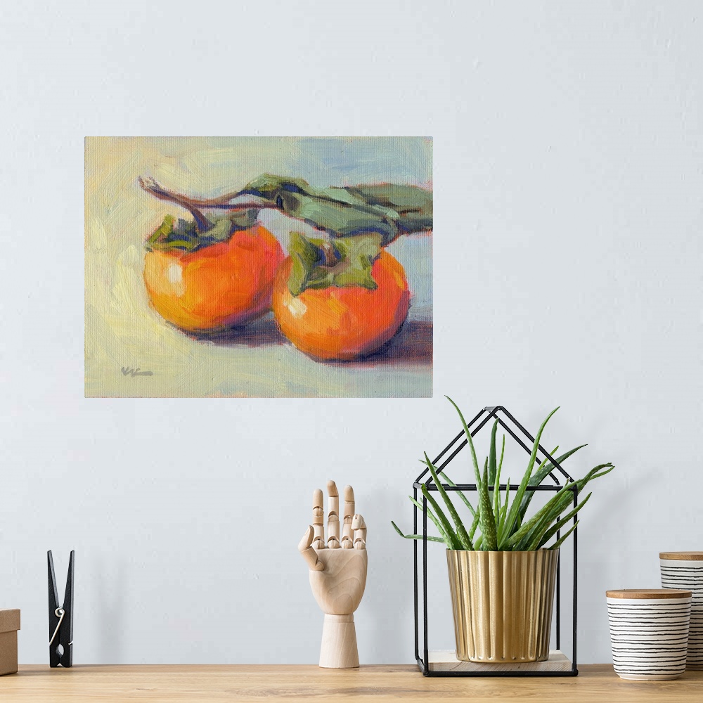 A bohemian room featuring A horizontal painting of a pair of persimmons.