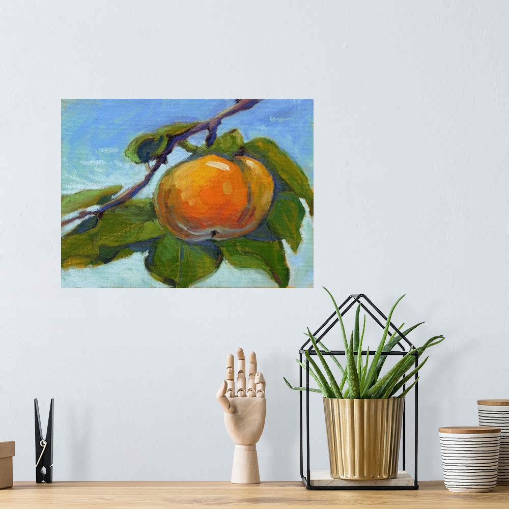 A bohemian room featuring A contemporary painting of a persimmon on a branch.