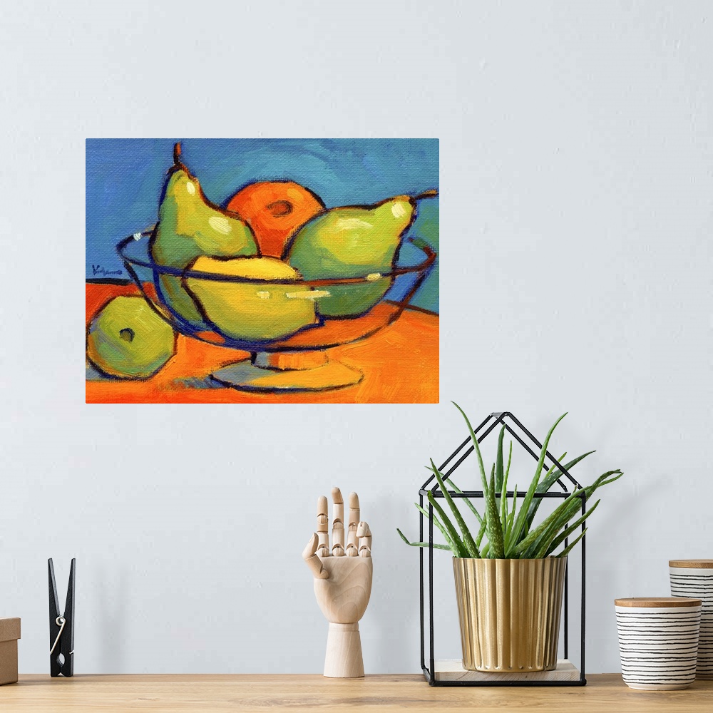 A bohemian room featuring Contemporary still life painting of a glass bowl filled with pears, a lemon, and an orange sittin...