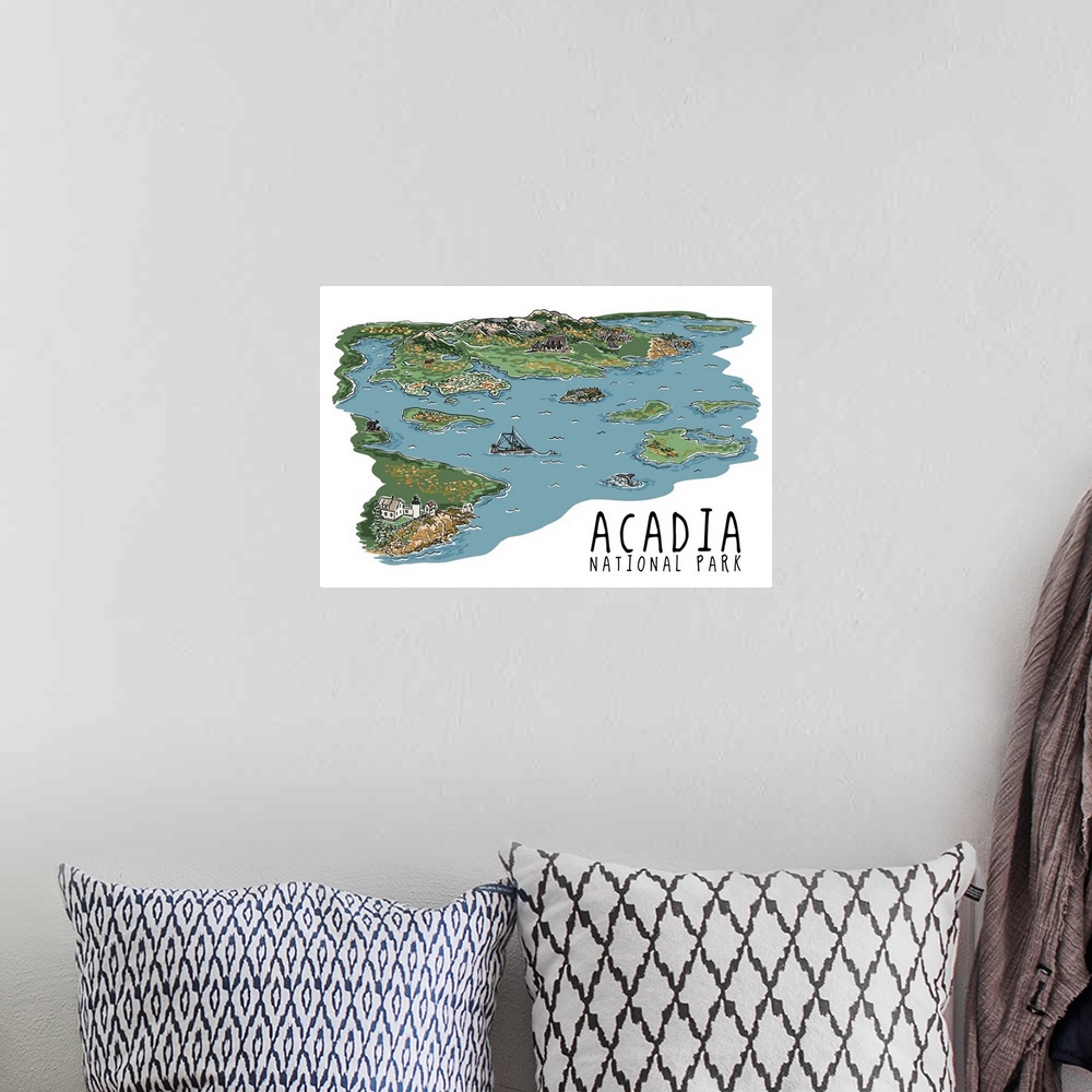 A bohemian room featuring Acadia National Park, Maine - Line Drawing