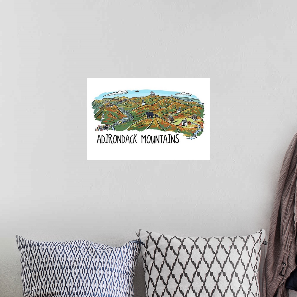 A bohemian room featuring Adirondack Mountains - Line Drawing - Fall