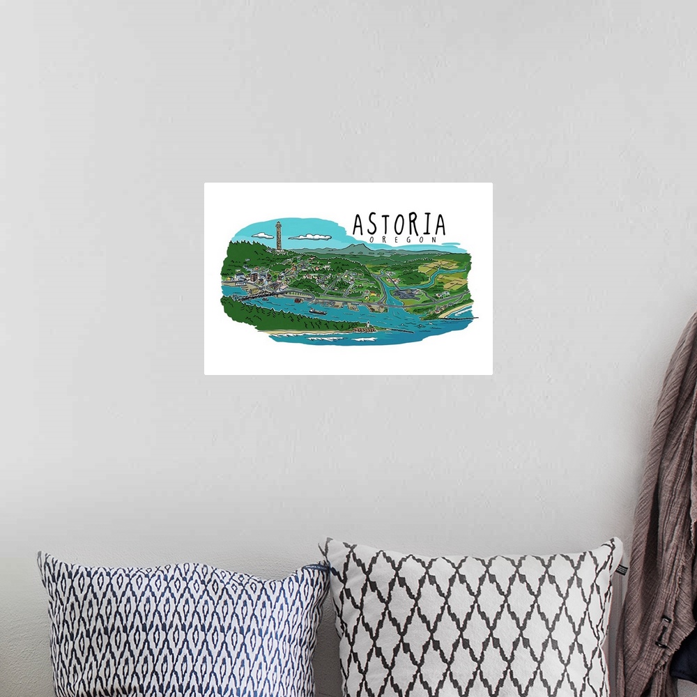 A bohemian room featuring Astoria, Oregon - Line Drawing