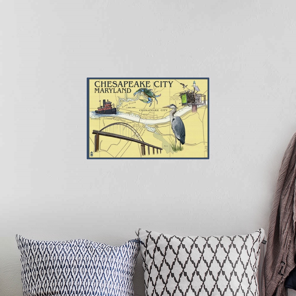 A bohemian room featuring Chesapeake City, Maryland - Nautical Chart: Retro Travel Poster