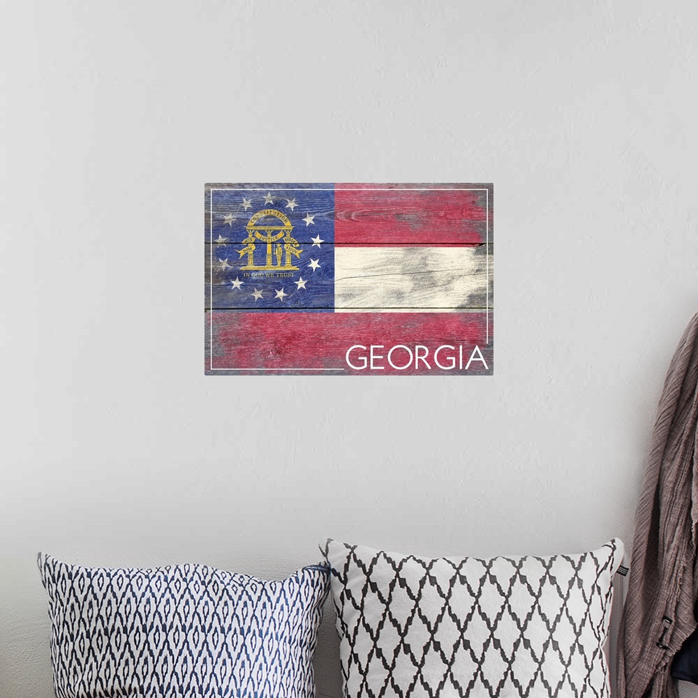 A bohemian room featuring The flag of Georgia with a weathered wooden board effect.