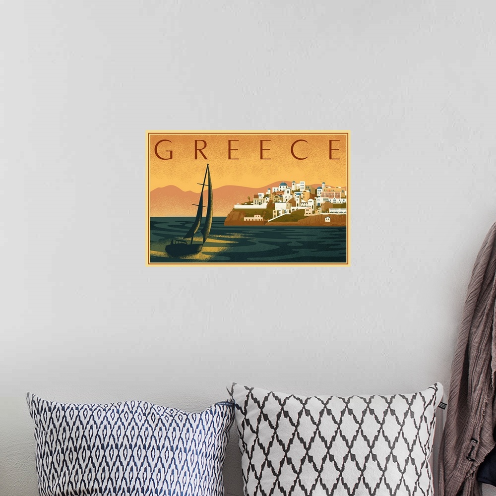 A bohemian room featuring Greece - City with Sailboat - Lithograph