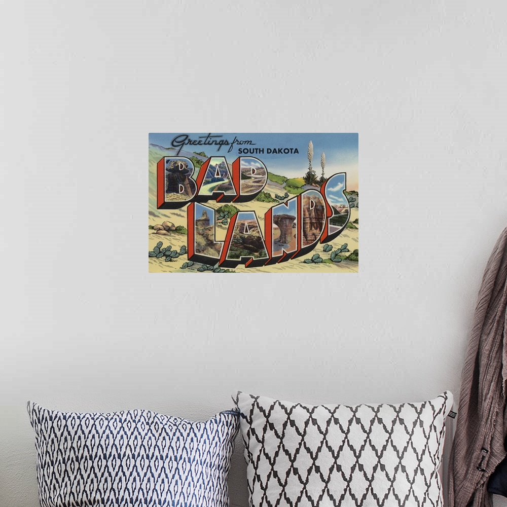 A bohemian room featuring Greetings from Badlands, South Dakota
