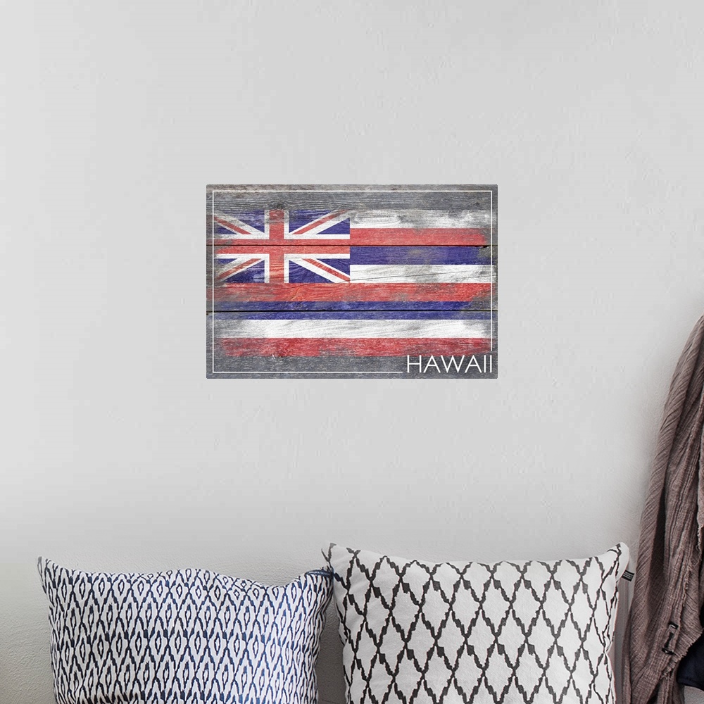 A bohemian room featuring The flag of Hawaii with a weathered wooden board effect.