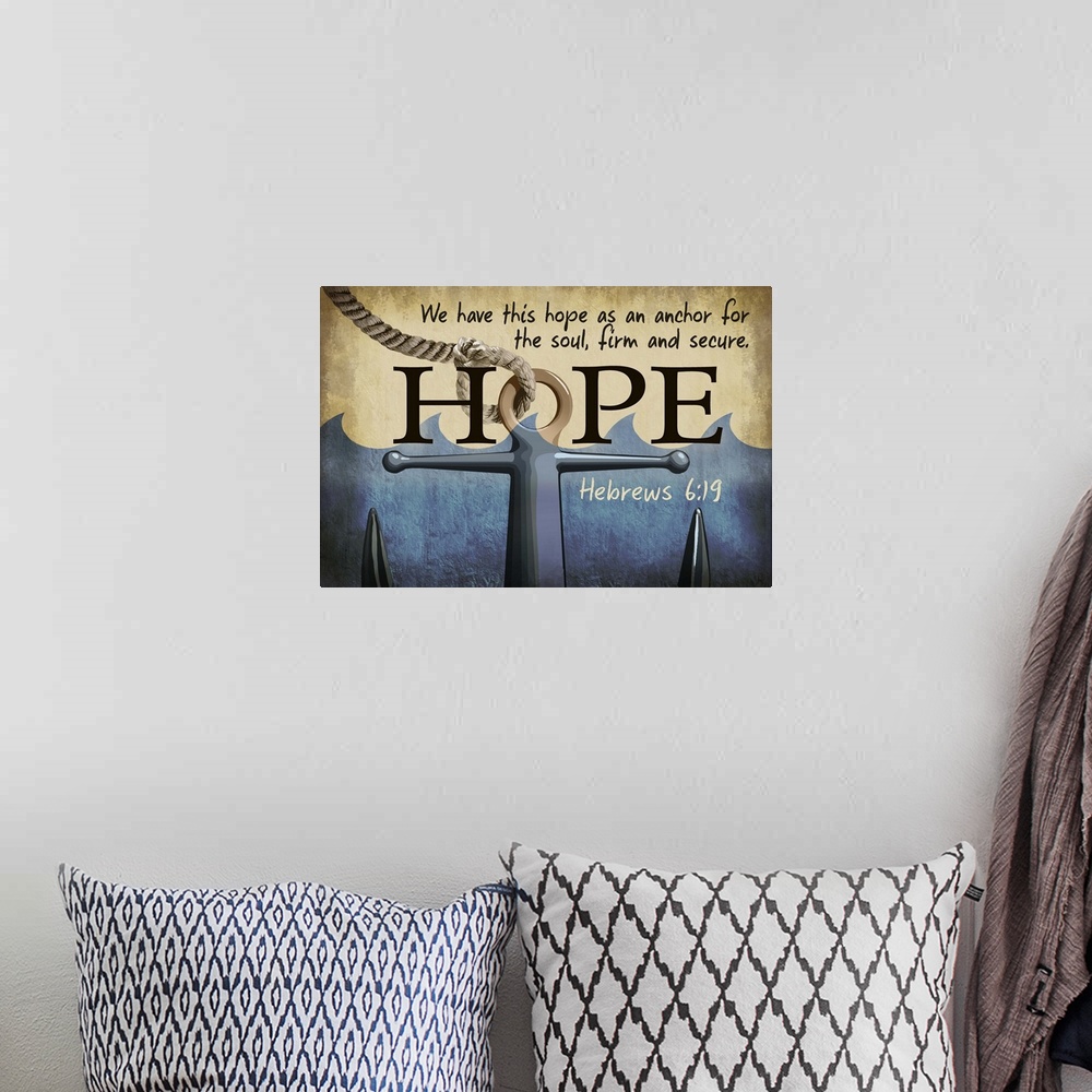 A bohemian room featuring Hebrews 6:19 - Inspirational - Lantern Press Artwork: Retro Travel Poster