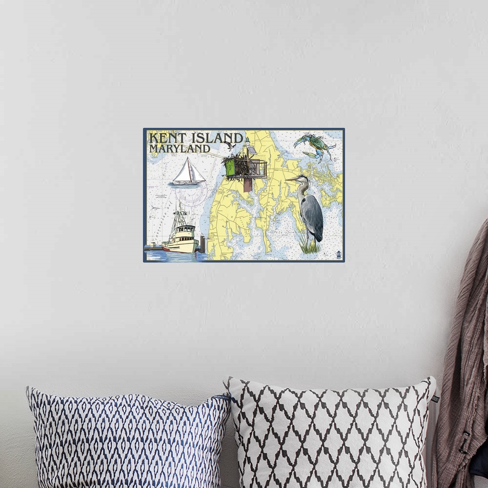 A bohemian room featuring Kent Island, Maryland - Nautical Chart: Retro Travel Poster