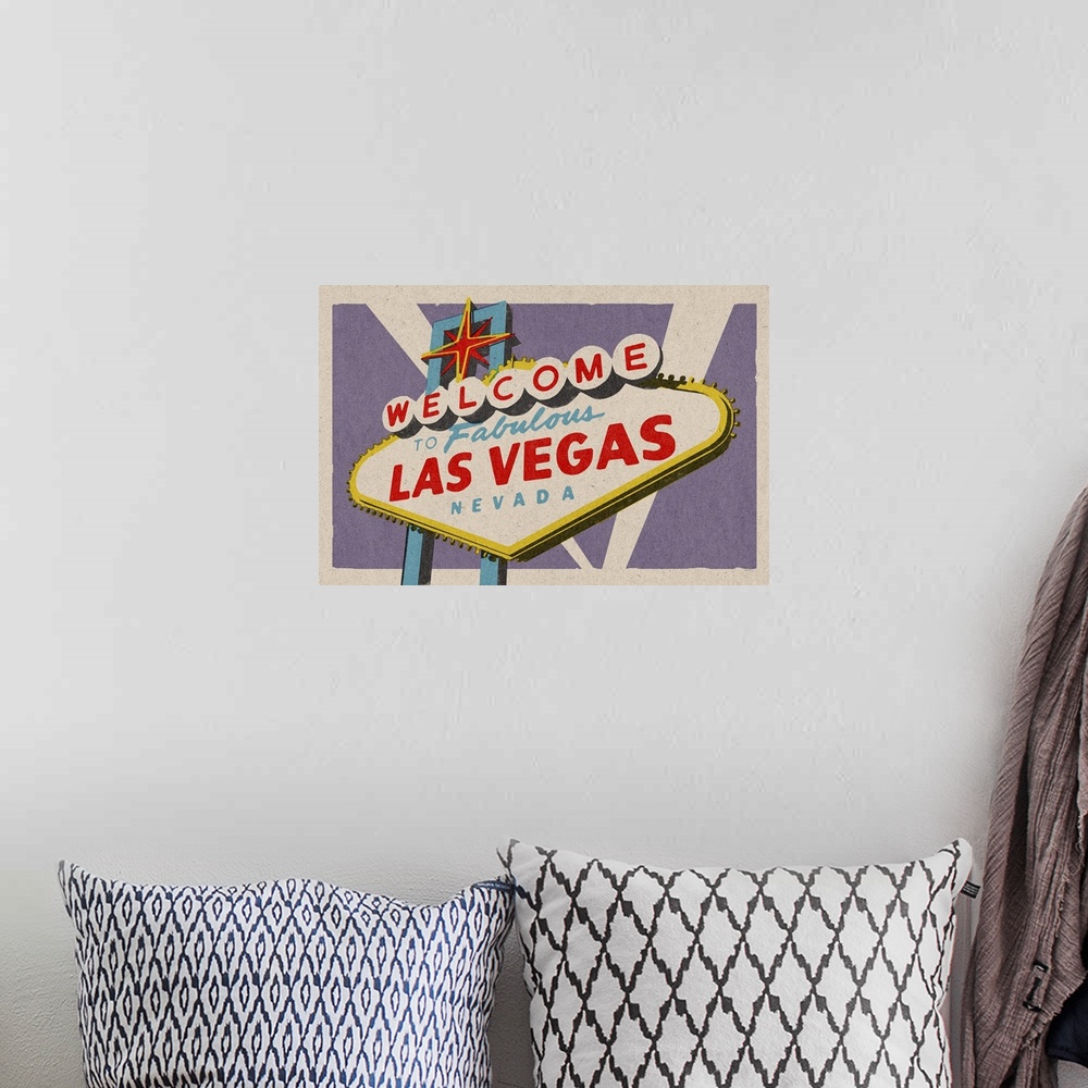 A bohemian room featuring Las Vegas, Nevada - Welcome Sign Woodblock: Retro Travel Poster