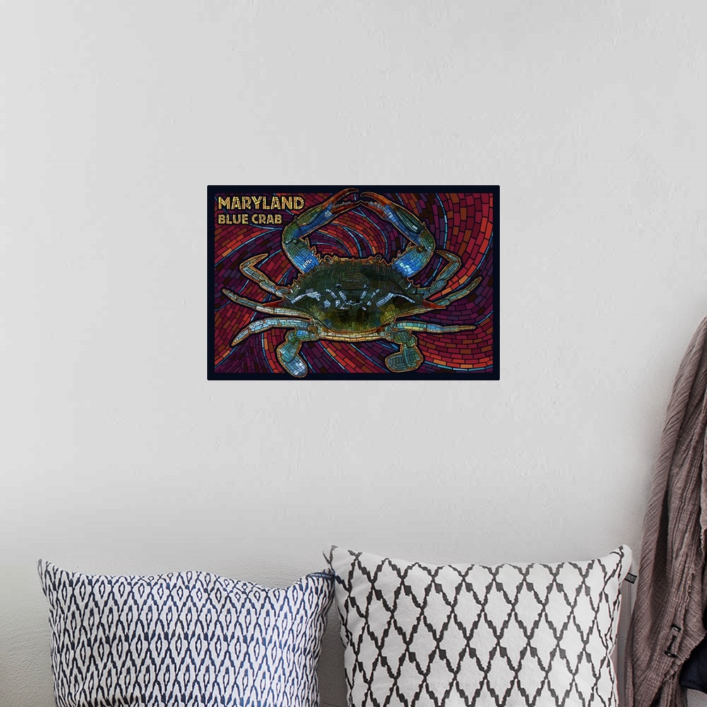 A bohemian room featuring Maryland - Blue Crab Paper Mosaic: Retro Travel Poster