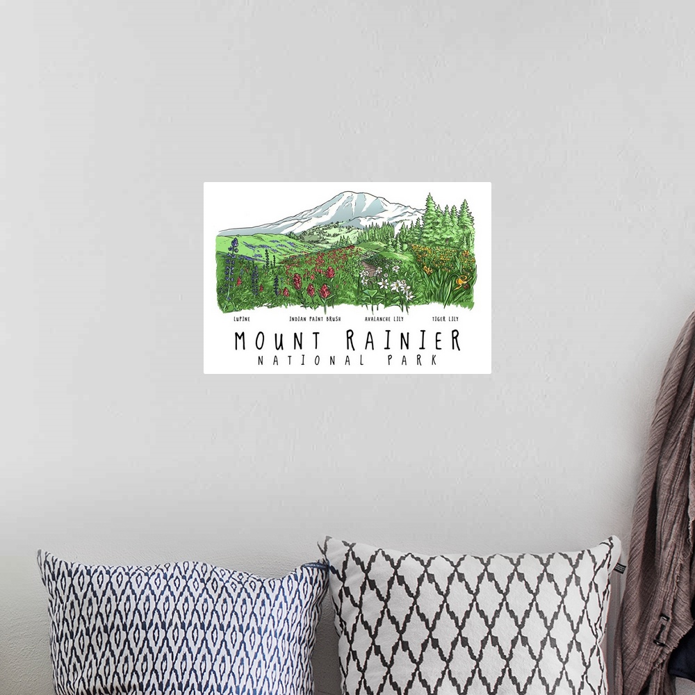 A bohemian room featuring Mount Rainier National Park, Washington - Wildflower Montage